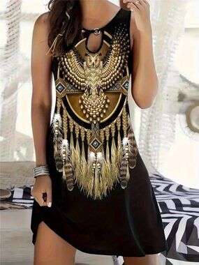 Cross-Border Printed Dress, Spliced Spring And Autumn Round Neck Casual Dress,